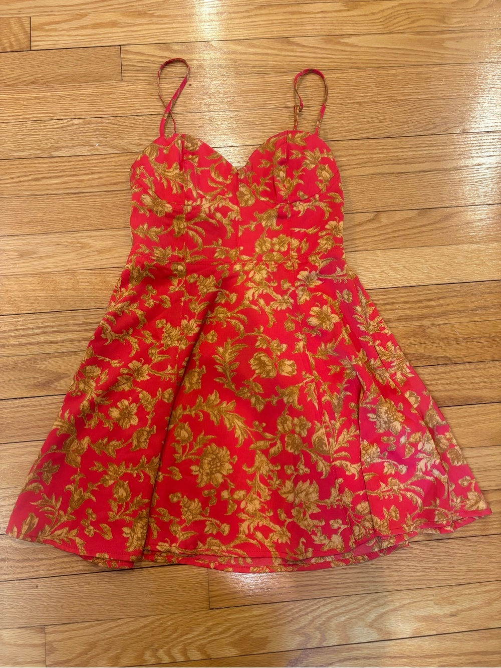 Urban Outfitters Red and Gold Floral Brocade Spaghetti-Strap Dress